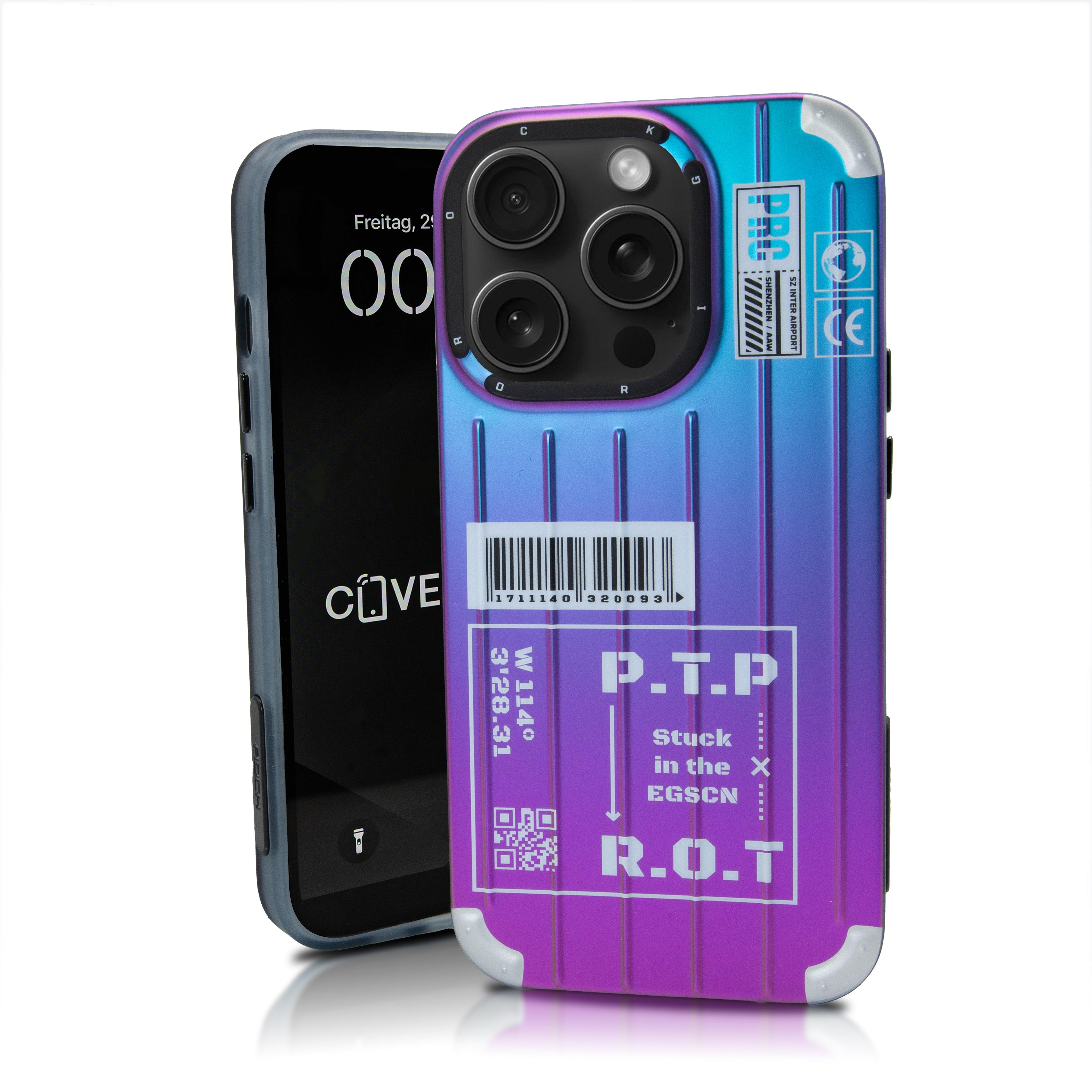 A smartphone with a case featuring a blue to purple gradient design, barcode, and text "P.T.P Stuck in the EGSCN R.O.T". The screen displays "Freitag, 22..." and partial network strength icon.